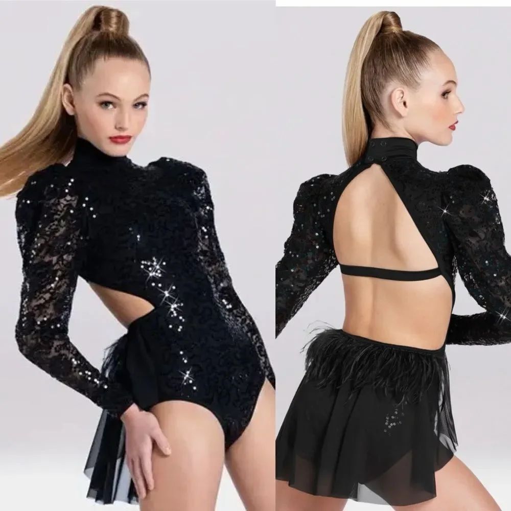 Weissman dance costume black lace puff sleeve feather Trouble D12666 SA adult
